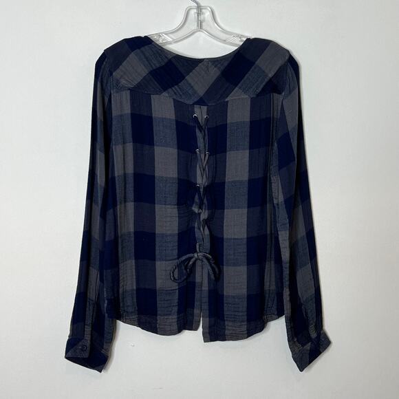 Cloth & Stone Long Sleeve Braided Back Plaid Top Blue Gray Small - Picture 7 of 10